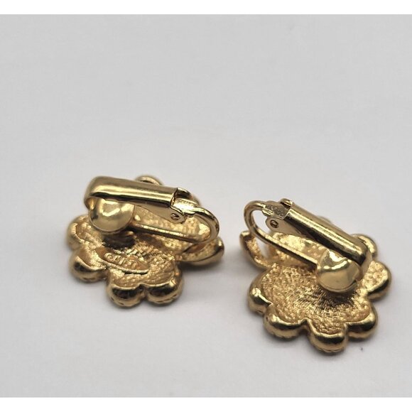 Avon Green Enamel Gold Tone Four Leaf Clover Clip On Earrings Vintage Signed - Picture 4 of 8